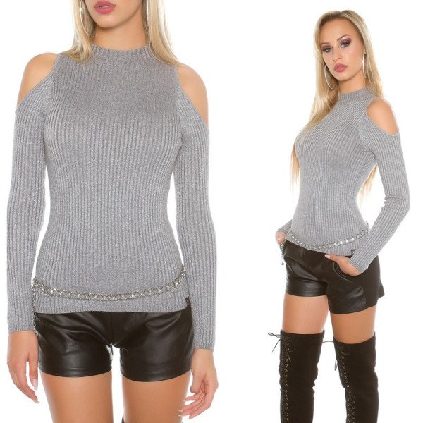 Pull Sexy Koucla Gris Épaules Dénudées
