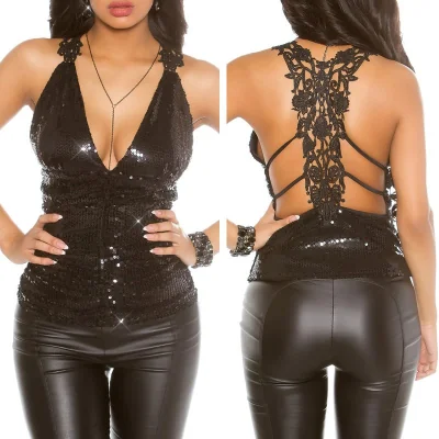 Haut Soirée Sexy Noir Paillettes Dentelle