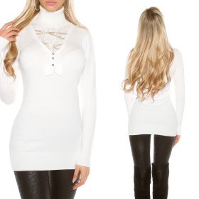 Pull blanc doux avec col roulé strass et noeud