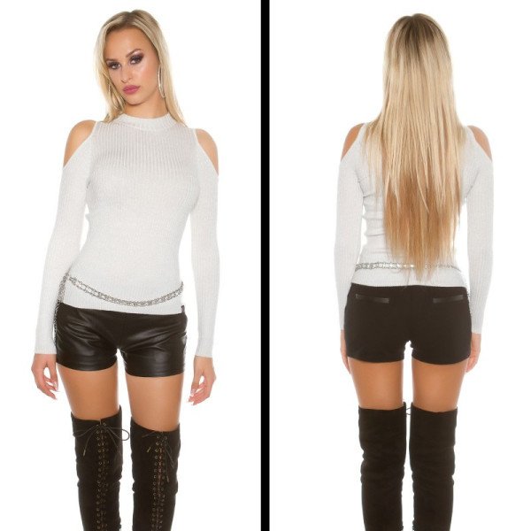 Pull Argenté Pailleté Koucla Epaules Dénudées Sexy Tendance
