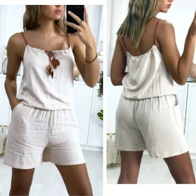Joli Combi-short Beige Fashion Léger Bretelles Tressées Tendance