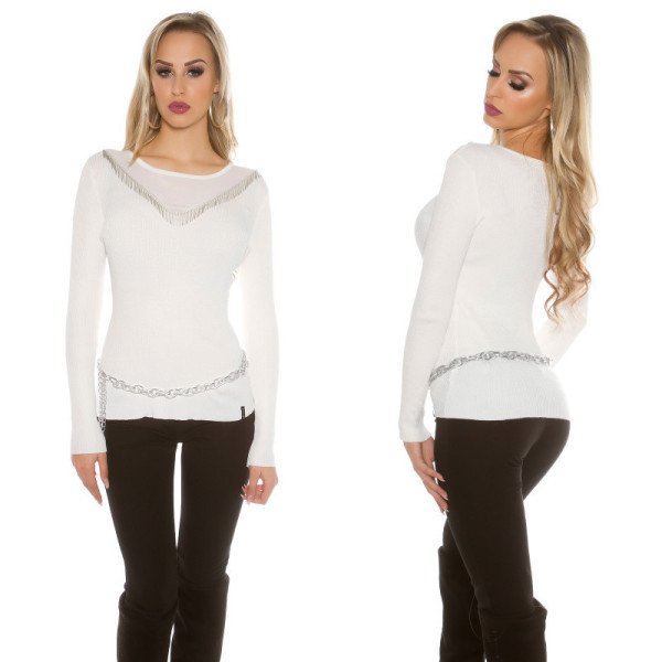 Pull blanc Koucla franges et jeu de transparence sexy tendance