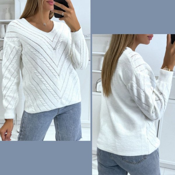 Joli Pull Blanc Sexy Tendance Torsadés Ajouré