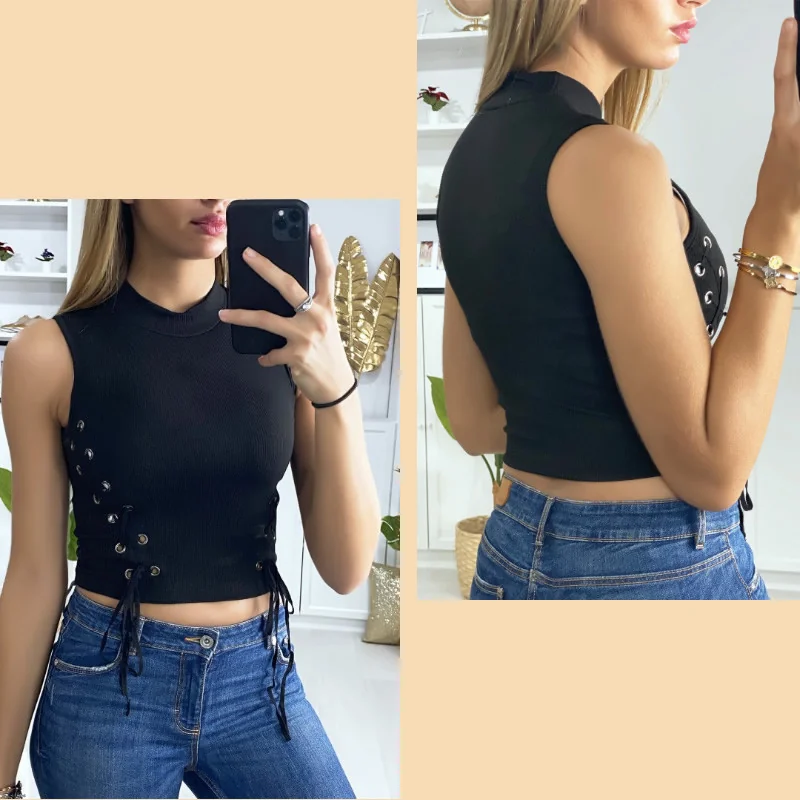 Crop Top Noir Sexy Lacets Tendance