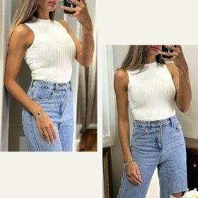 Top Sans Manches Tendance Beige Maille Côtelée
