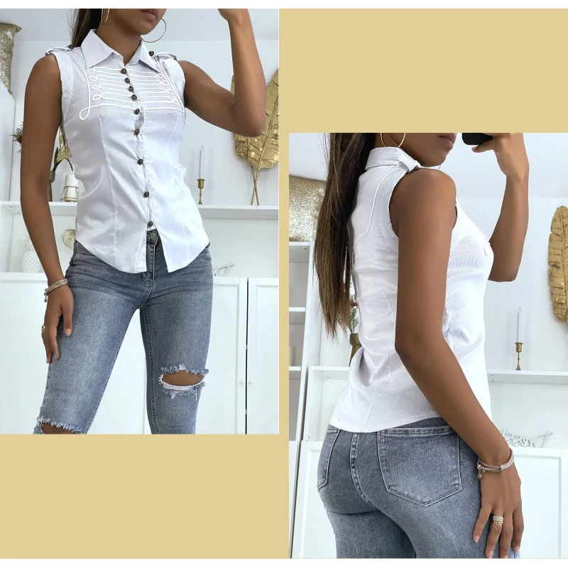 Chemise Femme Chic Style Officier Sans Manches