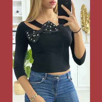 Top Soirée Noir Chic Papillon Perles Strass