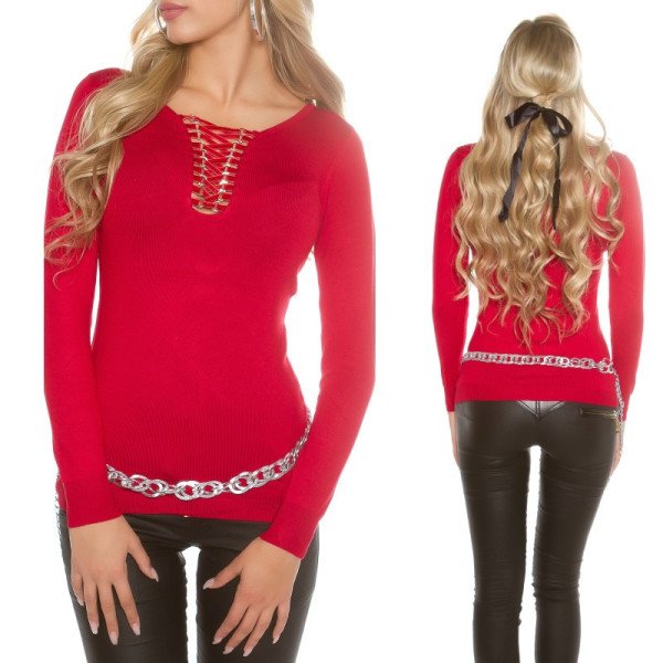 Joli pull rouge sexy Koucla avec laçage en velours sur le décolleté