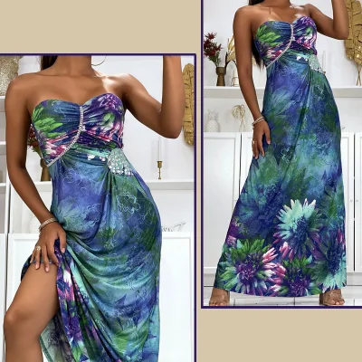 Robe Longue Fluide Elegante Colorée Strass
