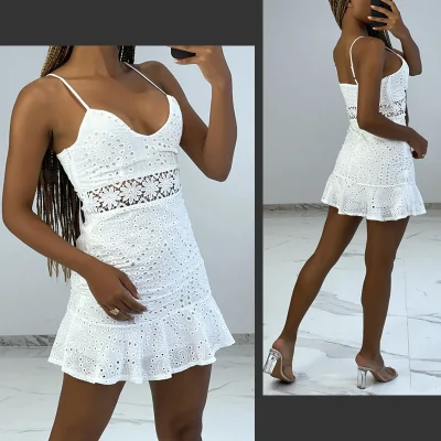 Mini-Robe Blanche Ajourée en Coton et Dentelle