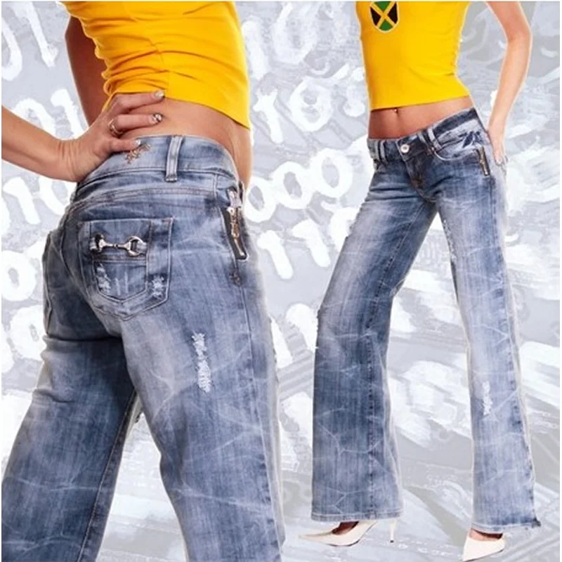 Jean Tendance Evasé Bleu Avec Détails Zippés
