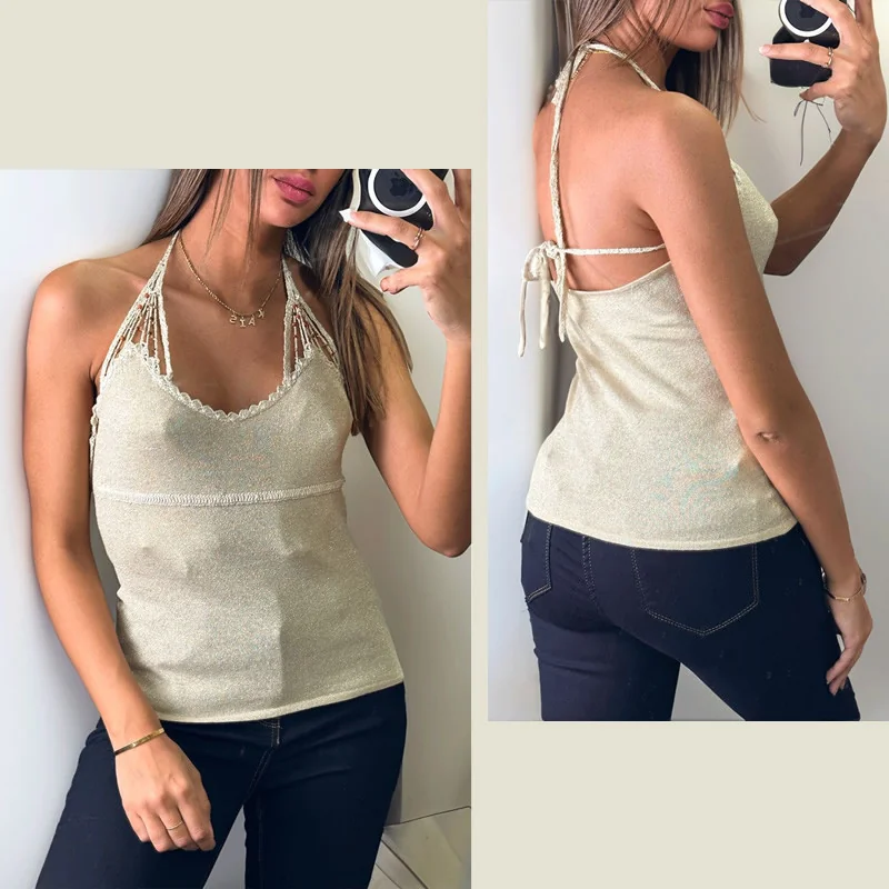 Haut Dos Nu Scintillant Beige Doré Chic Dentelle