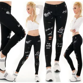 Jean Skinny Noir à Messages et Détails Déchirés