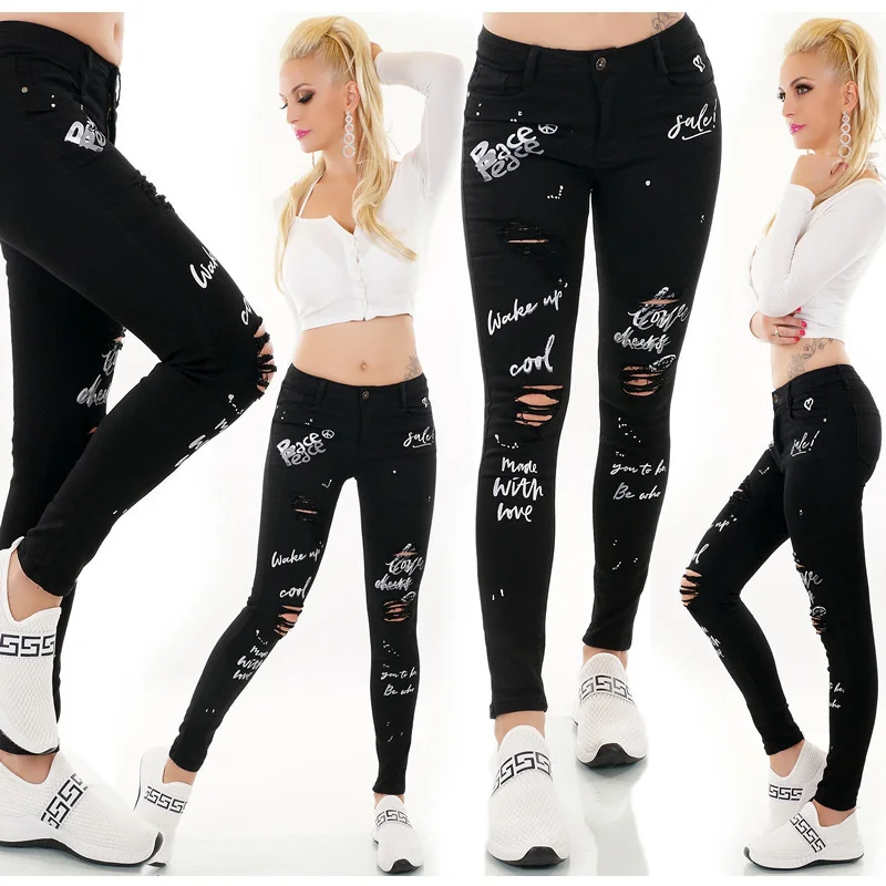 Jean Skinny Noir à Messages et Détails Déchirés
