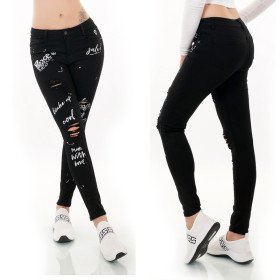 Jean Skinny Noir à Messages et Détails Déchirés