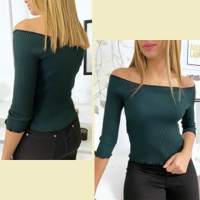 Petit Pull Épaules Dénudées en Maille Côtelée