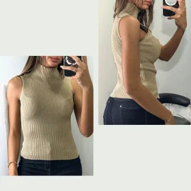 Pull Sans Manches Côtelé Beige Polyvalent