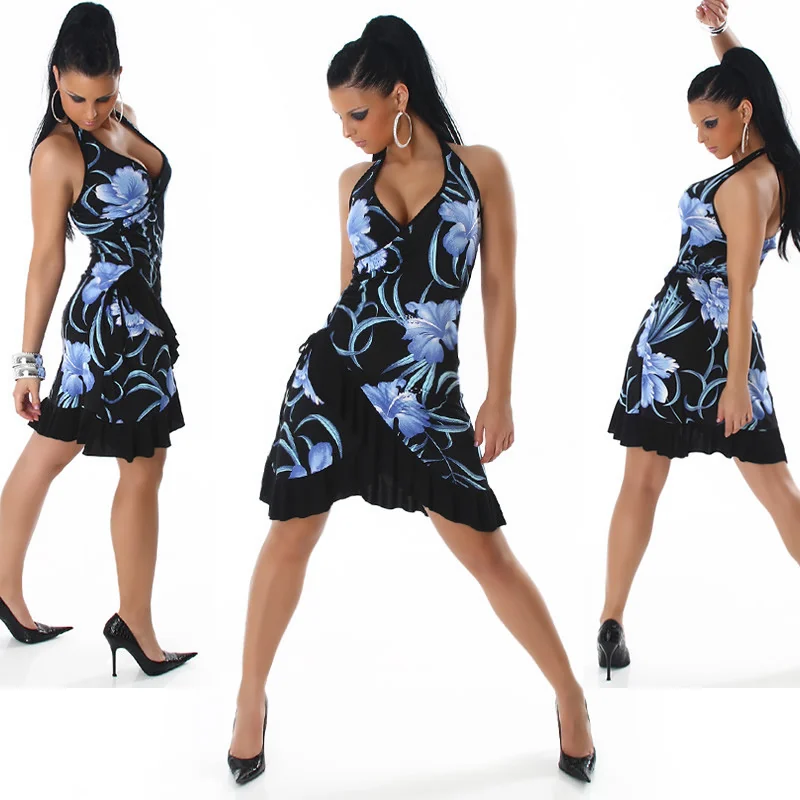 Robe Sexy Florale Noir Bleu à Volants Élégante