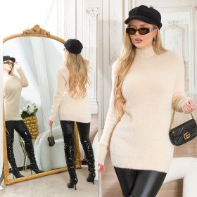 Pull Beige Doux Chic et Confortable en Maille Fluffy