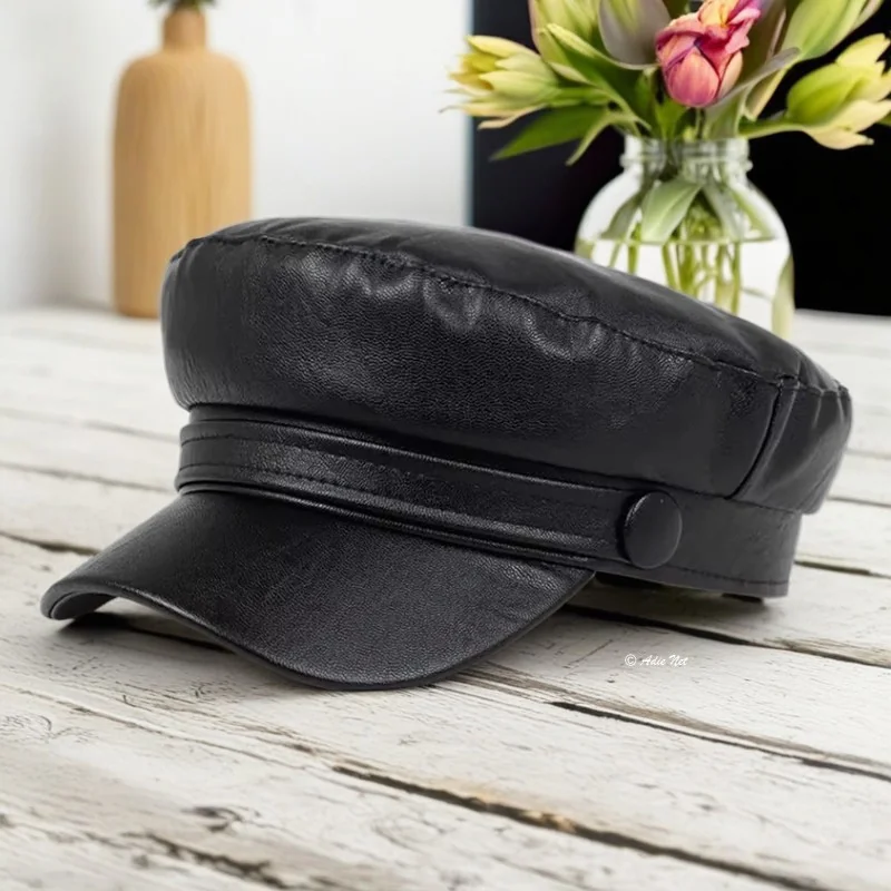 Casquette Marin en Simili Cuir Noir Tendance