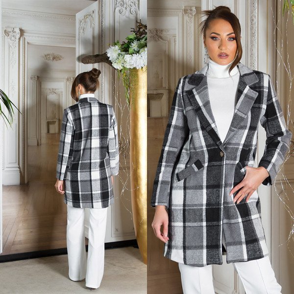 Manteau à carreaux gris élégant et intemporel