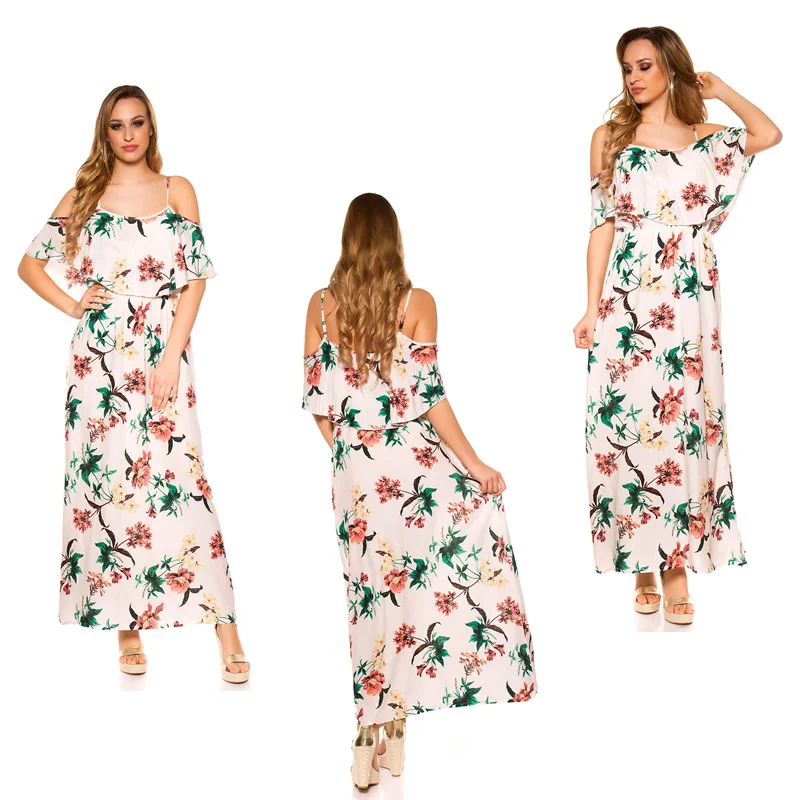 Robe longue fleurie blanc cassé à épaules dénudées