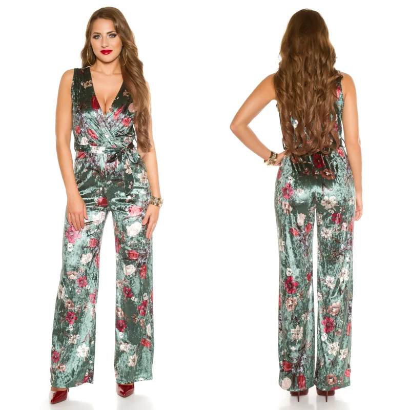 Combinaison pantalon Koucla effet velours vert floral